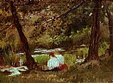 Famous Women Paintings - Two Women Seated By A Woodland Stream